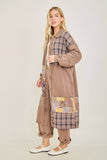 Mineral Washed Boho Plaid Patched Long Fall Jacket HT6861: Charcoal / S-M-L / 2-2-2