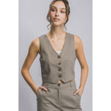 Linen Buttoned Vest Top: GREYSTONE / M