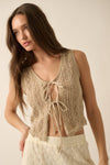 Pointelle Crochet-Knit Tie-Front Tank Top: CREAM / M