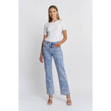 HIGH RISE STRAIGHT LEG WITH EMBROIDERY JEANS: MID BLUE / 27