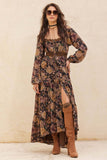 Floral Button-Front Tiered Ruffle Maxi Dress: Chocolate / M