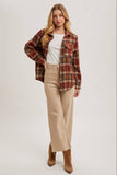 BUTTON DOWN PLAID SHACKET: BROWN COMBO / S