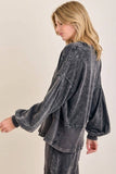 Mineral Washed Ribbed Vneck Bishop sleeve blouse HT5042P1: Midnight Green / S-M-L / 2-2-2