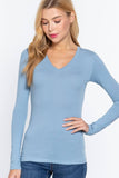 Basic Solid Long Sleeve V Neck Top: CELADON GREEN / 2-2-2 (S-M-L)