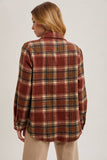 BUTTON DOWN PLAID SHACKET: BROWN COMBO / S