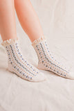 SC10048C-Lace Trim Detail Floral Printed Crew Socks: WHITE / S/5