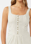 Round Neck Button-Down Corset Midi Dress: Ivory/Grey / S