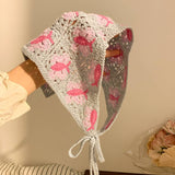 French Retro Hand-knitted Sweet Crochet Headscarf: Red / M