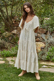 L8456 | Woven Button Down Sweetheart Tiered Flare Maxi Dress: Natural / M
