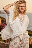 Lace Trim V Ruffle Detail Textured Woven Short Sleeve Top: ALMOND / M