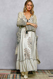 V-Neck Solid Stripe Linen Long Sleeve Cardigan: NATURAL MULTI / L