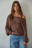 W1106 | Sweater Knit Crochet Round Neck Long Sleeve Top: Jade Green / Small