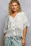 Crochet Trim Neckline Short Sleeve Jacket Top: NATURAL / Os