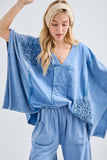 Mineral Washed Doily Boho Pancho Vneck top HT6680: Olive
