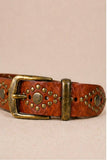 Wide brown leather belt with studs
