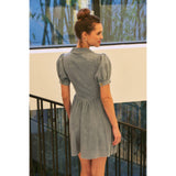 MINERAL-WASHED DENIM BUTTON-DOWN MINI DRESS WITH PUFF SLVS: WASHED DENIM / L