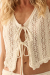 Pointelle Crochet-Knit Tie-Front Tank Top: CREAM / M