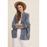 MINERAL-WASHED OPEN FRONT COTTON SWEATER CARDIGAN: ANTIQUE WINE / S