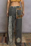 Drawstring floral patch denim pants: Black / M