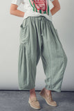 Striped Cotton Drawstring Harem Pants: SAGE / S-M-L:2-2-2