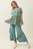 Mineral Washed Wavy Ruffle Cropped Pants HP7051: MossGreen / S-M-L / 2-2-2