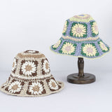 Granny Square Sun Hat Floral Straw Bucket Hat: CYellow / M