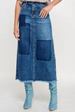 HIGH RISE FLARED MAXI SKIRT - Patchwork Design: DARK DENIM / S