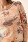 Floral-Print Mesh Long-Sleeve Thumbhole Top: Natural / L