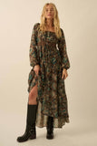 Floral Button-Front Tiered Ruffle Maxi Dress: Black / M