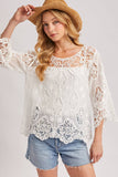 BOHO SHEER CROCHET 3/4 SLEEVED TOP WITH NO LINING: NATURAL / L