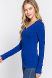 Basic Solid Long Sleeve V Neck Top: CELADON GREEN / 2-2-2 (S-M-L)