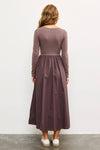 SQUARE NECK LONG SLEEVE SHIRRED WAIST LONG DRESS: IRON / M