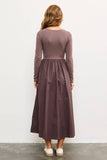 SQUARE NECK LONG SLEEVE SHIRRED WAIST LONG DRESS: IRON / M