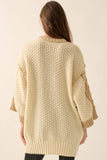 Colorblock Round-Neck Cable-Knit Oversize Sweater: Sand / S