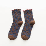 Vintage Embossed Floral Ruffle Cuff Mid Calf Socks: Yellow / M
