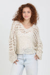 XHS52-ASIS OPEN KNIT V NECK PULLOVER SWEATER: IVORY / S