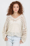 XHS52-ASIS OPEN KNIT V NECK PULLOVER SWEATER: IVORY / M