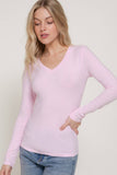 Basic Solid Long Sleeve V Neck Top: CELADON GREEN / 2-2-2 (S-M-L)
