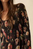 Floral-Print Mesh Smocked Long-Sleeve Maxi Dress: BLACK / S