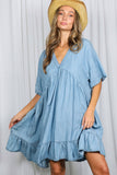 V-Neck 100%Tencel Chambray Tiered Dress VD81038A: Light Denim / S
