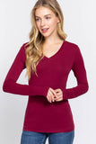 Basic Solid Long Sleeve V Neck Top: DEEP JUNGLE / 2-2-2 (S-M-L)