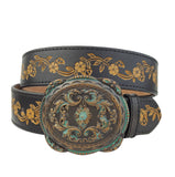 Western Brass/Patina Buckle with Vintage floral tooled belt: Black / M