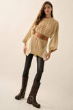 Colorblock Round-Neck Cable-Knit Oversize Sweater: Sand / S