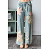 WASHED FLOWER PATCHWORK STRAIGHT DENIM JEANS: DENIM PINK / S-M-L-XL(2-2-2-2)