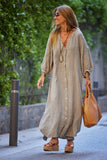 CWDMD6336_LINEN COTTON BUTTON DOWN SHIRT MAXI DRESS: KHAKI / (M) 1