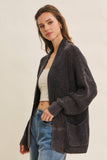 MINERAL-WASHED OPEN FRONT COTTON SWEATER CARDIGAN: WASHED NAVY / S