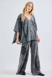 Mineral Washed Doily Boho Pancho Vneck top HT6680: Ashed Black