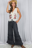 Flared Ruffle Hem Washed Chambray Crop Denim Pants VP83039: Washed Denim / L