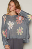 V-neck colorful flower print light weight sweater SALE: CHARCOAL / M