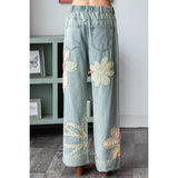 WASHED FLOWER PATCHWORK STRAIGHT DENIM JEANS: DENIM PINK / S-M-L-XL(2-2-2-2)